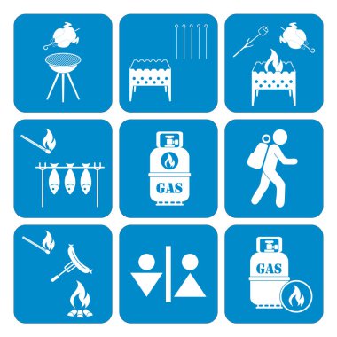 Kamp ekipmanları simgeler kümesi. Vektör çizim