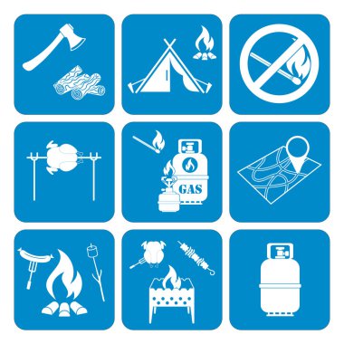 Kamp ekipmanları simgeler kümesi. Vektör çizim