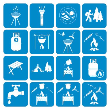 Kamp ekipmanları simgeler kümesi. Vektör çizim