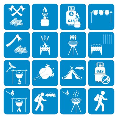 Kamp ekipmanları simgeler kümesi. Vektör çizim