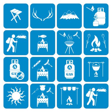 Kamp ekipmanları simgeler kümesi. Vektör çizim