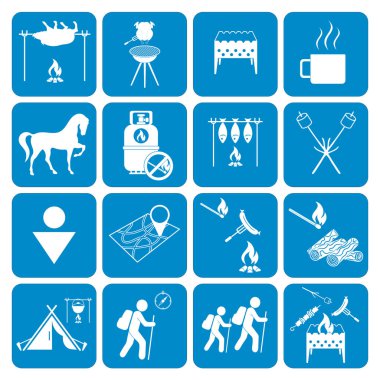 Kamp ekipmanları simgeler kümesi. Vektör çizim