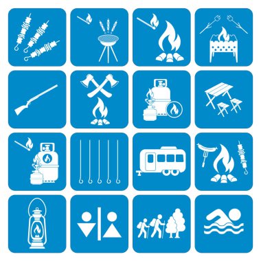 Kamp ekipmanları simgeler kümesi. Vektör çizim