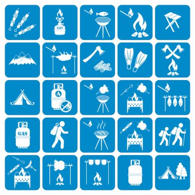 Kamp ekipmanları simgeler kümesi. Vektör çizim