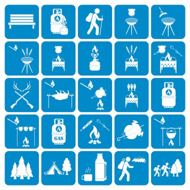 Kamp ekipmanları simgeler kümesi. Vektör çizim