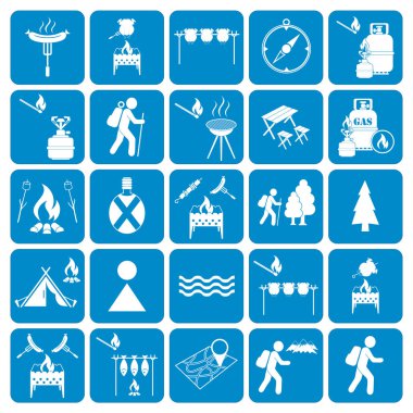 Kamp ekipmanları simgeler kümesi. Vektör çizim