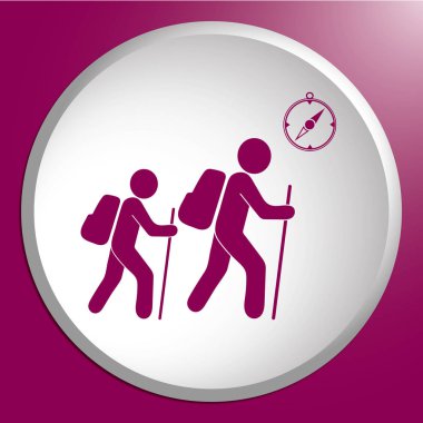 Pusula simgesini turistlerle hiking. Vektör illustratio