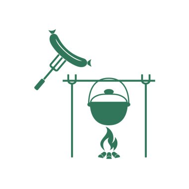 Yangın, pot ve sosis simgesi. Vektör çizim