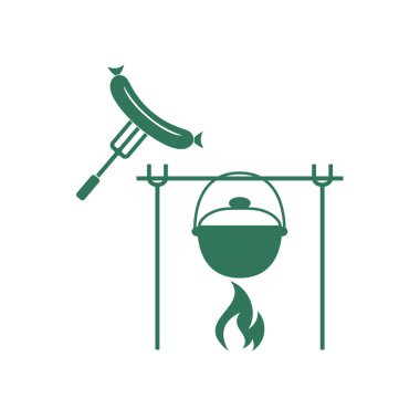 Yangın, pot ve sosis simgesi. Vektör çizim