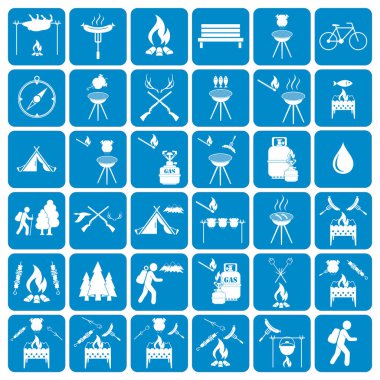 Kamp ekipmanları simgeler kümesi. Vektör çizim