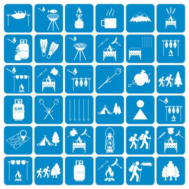 Kamp ekipmanları simgeler kümesi. Vektör çizim