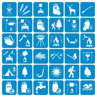 Kamp ekipmanları simgeler kümesi. Vektör çizim