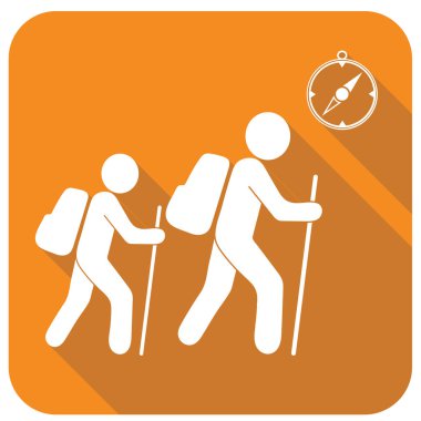 Pusula simgesini turistlerle hiking. Vektör illustratio