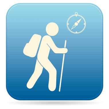 Pusula simgesini turistlerle hiking. Vektör illustratio
