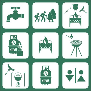 Seyahat ve kamp ekipmanları simgeler kümesi. Vektör çizim