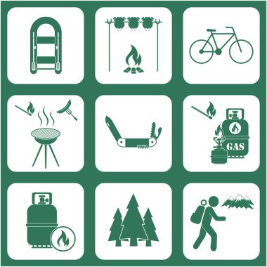 Seyahat ve kamp ekipmanları simgeler kümesi. Vektör çizim