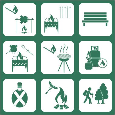 Seyahat ve kamp ekipmanları simgeler kümesi. Vektör çizim