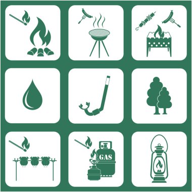 Seyahat ve kamp ekipmanları simgeler kümesi. Vektör çizim