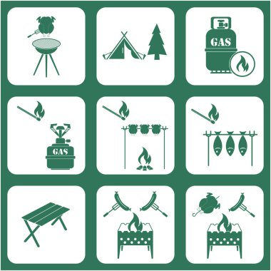 Seyahat ve kamp ekipmanları simgeler kümesi. Vektör çizim