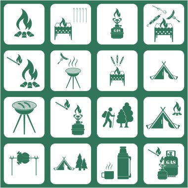 Seyahat ve kamp ekipmanları simgeler kümesi. Vektör çizim