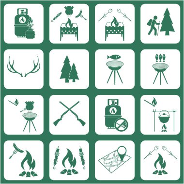 Seyahat ve kamp ekipmanları simgeler kümesi. Vektör çizim