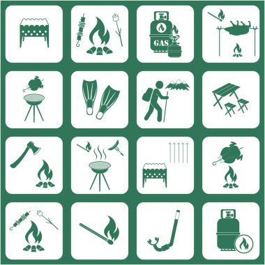 Seyahat ve kamp ekipmanları simgeler kümesi. Vektör çizim