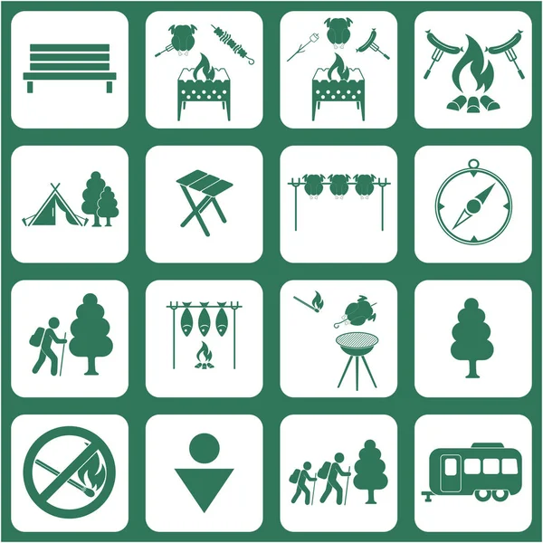 Seyahat ve kamp ekipmanları simgeler kümesi. Vektör çizim