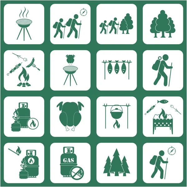 Seyahat ve kamp ekipmanları simgeler kümesi. Vektör çizim
