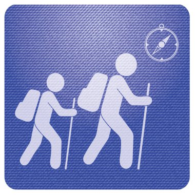Pusula simgesini turistlerle hiking. Vektör illustratio