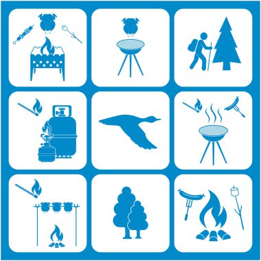 Seyahat ve kamp ekipmanları simgeler kümesi. Vektör çizim