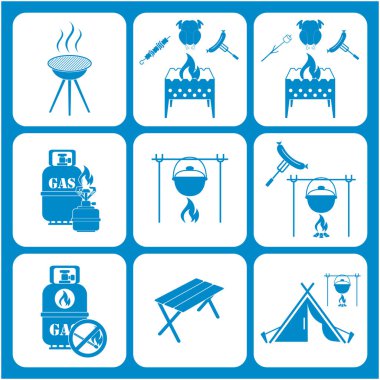 Seyahat ve kamp ekipmanları simgeler kümesi. Vektör çizim