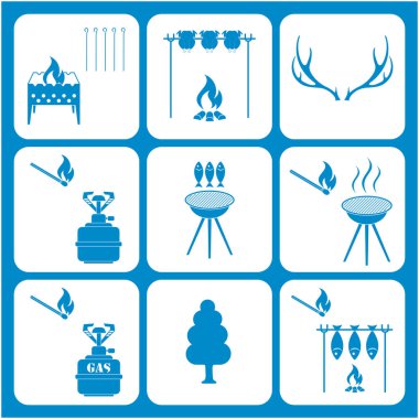 Seyahat ve kamp ekipmanları simgeler kümesi. Vektör çizim