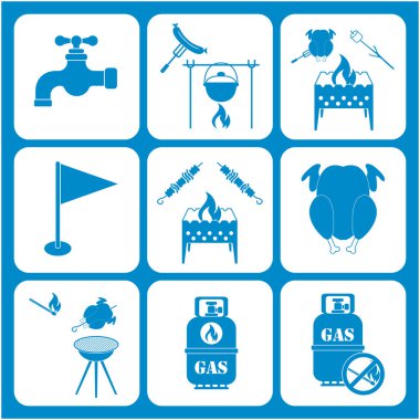 Seyahat ve kamp ekipmanları simgeler kümesi. Vektör çizim