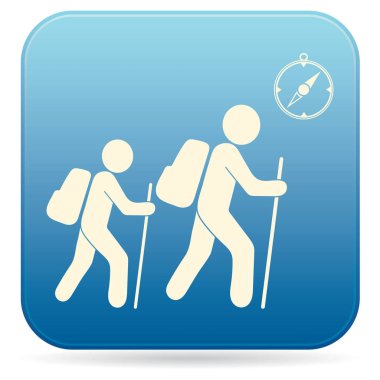 Pusula simgesini turistlerle hiking. Vektör illustratio