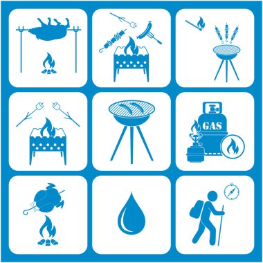 Seyahat ve kamp ekipmanları simgeler kümesi. Vektör çizim