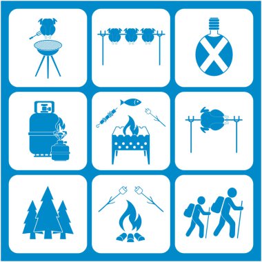 Seyahat ve kamp ekipmanları simgeler kümesi. Vektör çizim