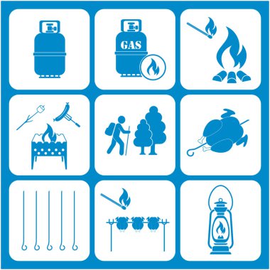 Seyahat ve kamp ekipmanları simgeler kümesi. Vektör çizim