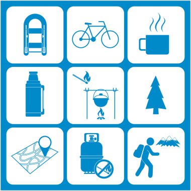 Seyahat ve kamp ekipmanları simgeler kümesi. Vektör çizim