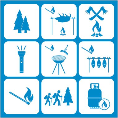 Seyahat ve kamp ekipmanları simgeler kümesi. Vektör çizim