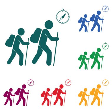 Pusula simgesini turistlerle hiking. Vektör illustratio