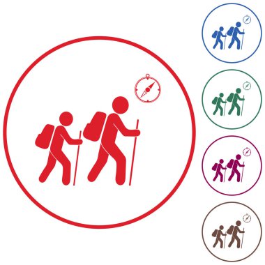 Pusula simgesini turistlerle hiking. Vektör illustratio