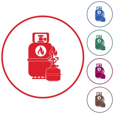 Kamp ocağı gaz şişesi simgesi olan. Düz simgesi izole. Vektör illustratio