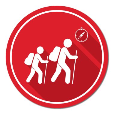 Pusula simgesini turistlerle hiking. Vektör illustratio