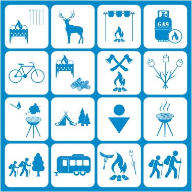 Seyahat ve kamp ekipmanları simgeler kümesi. Vektör çizim