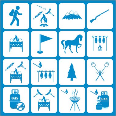 Seyahat ve kamp ekipmanları simgeler kümesi. Vektör çizim