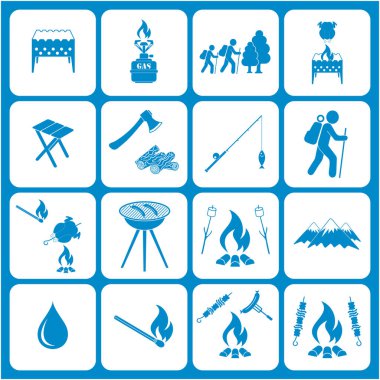 Seyahat ve kamp ekipmanları simgeler kümesi. Vektör çizim