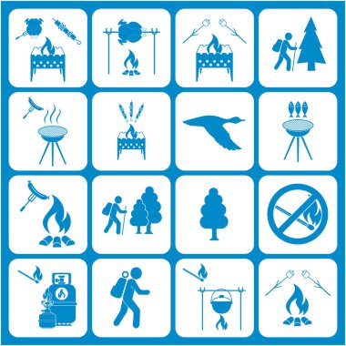 Seyahat ve kamp ekipmanları simgeler kümesi. Vektör çizim