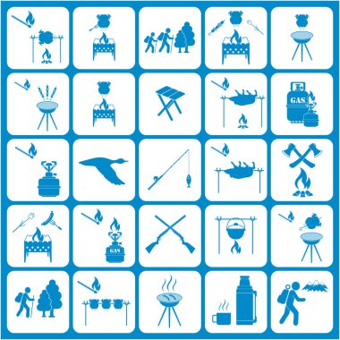 Seyahat ve kamp ekipmanları simgeler kümesi. Vektör çizim