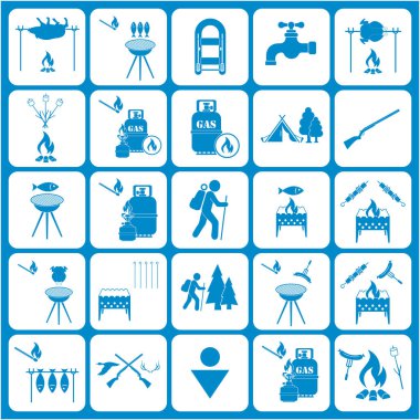 Seyahat ve kamp ekipmanları simgeler kümesi. Vektör çizim