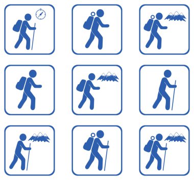 Hiking simgeler kümesi. Vektör işareti işaret illüstrasyon izole